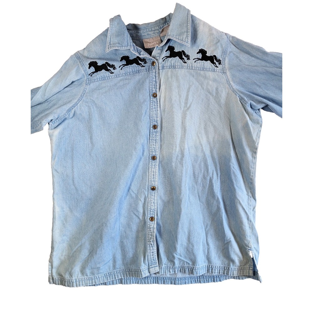 Vtg Blair Denim Button Up Shirt Long Sleeve Embroidered Horses 2X Natural Fading